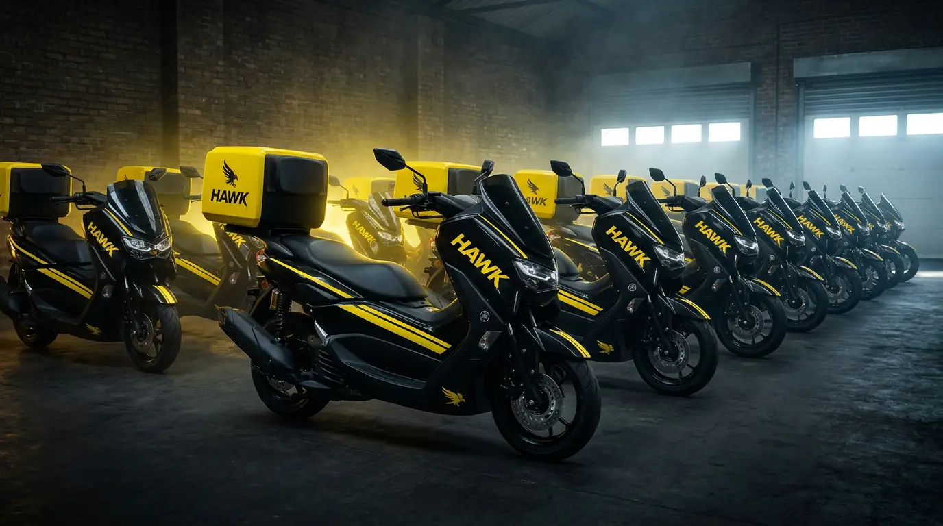 Hawk delivery motorcycle in a London garage